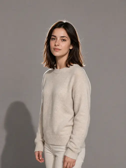 Studio portrait of a woman in a knit sweater split into two layers: the backdrop and the person with her hair