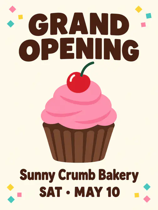 Bakery grand-opening flyer split into five layers: cream background, confetti, cupcake, GRAND OPENING headline and the details line