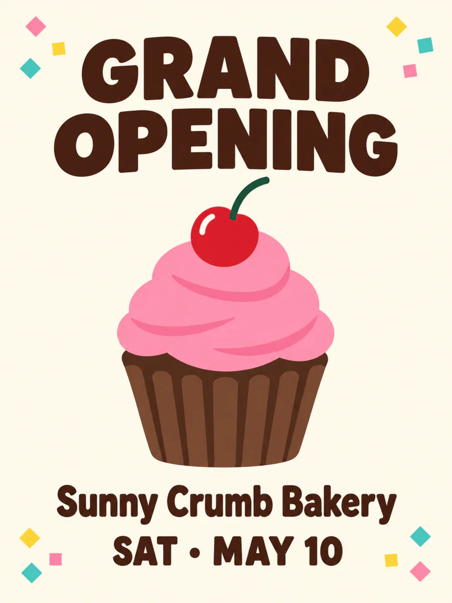 Bakery grand-opening flyer split into five layers: cream background, confetti, cupcake, GRAND OPENING headline and the details line