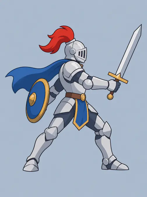 Side-scroller knight sprite PSD with six layers: background, shield, cape, armoured body, helmet plume and sword