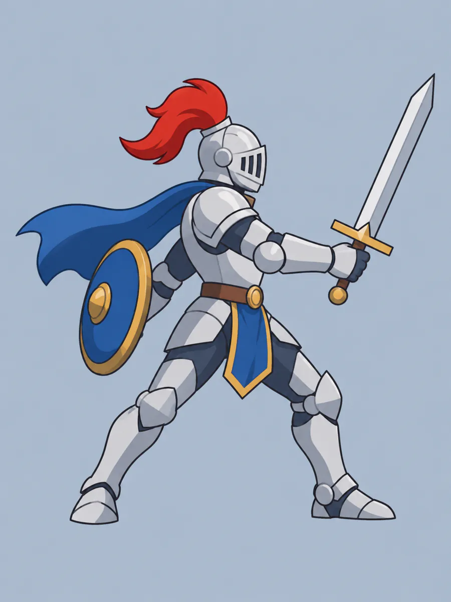 Side-scroller knight sprite PSD with six layers: background, shield, cape, armoured body, helmet plume and sword