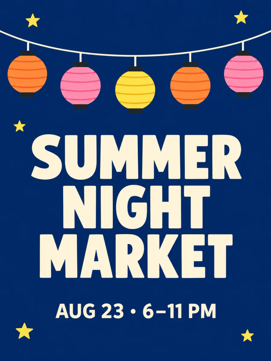 AI-generated summer night market poster split into five layers: navy background, lanterns, stars, headline and date