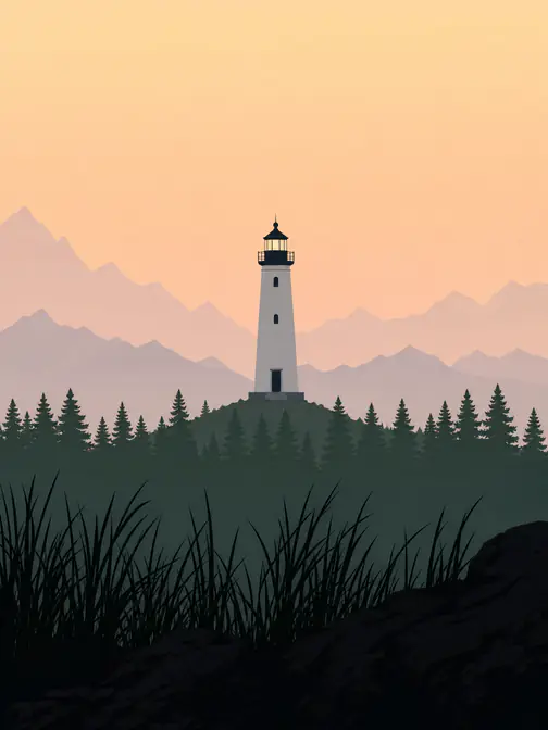 Flat illustration of a lighthouse at dusk split into six layers: sky, far mountains, near mountains, lighthouse, forest and foreground grass