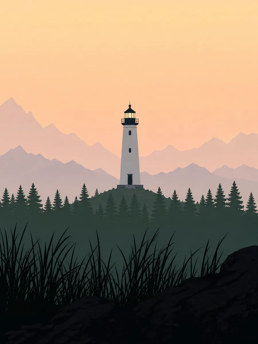 Flat illustration of a lighthouse at dusk split into six layers: sky, far mountains, near mountains, lighthouse, forest and foreground grass